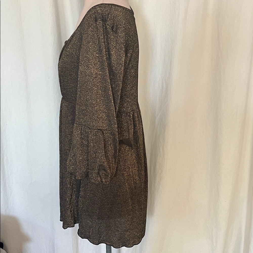 Brown Blouse brown gold shimmering bell puffy sleeves L nwot - Picture 3 of 9